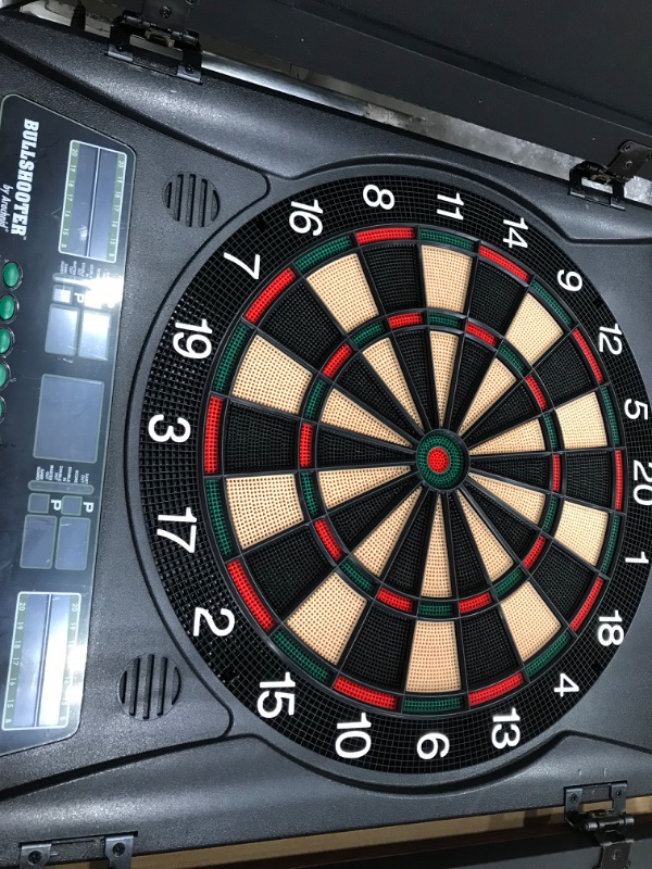 Photo 3 of **DAMAGED** Bullshooter Electronic Dart Board Cabinet Set Home Bar Game Room Playroom Wooden Cabinet Doors LCD Display for Up to Eight Players - 34 Games 183 Variations - 2 Sets of Soft Tip Darts
