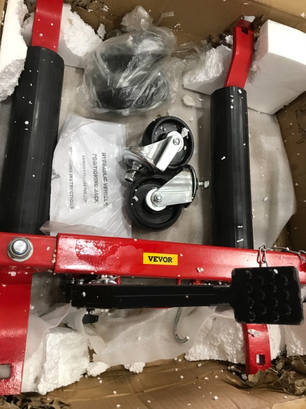 Photo 3 of **DAMAGED PUMP LEAKING OIL** VEVOR Wheel Dolly, 1500 Lbs Capacity Car Dolly, 12'' Car Jack Dolly, Wheel Jacks for Cars, Vehicle Positioning Hydraulic Tire Jack, Heavy Duty Ball Bearings Skate for Vehicle Car Auto Repair Moving
