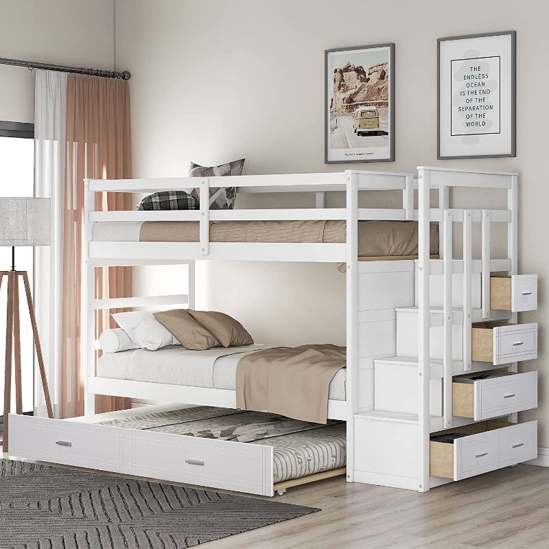 Photo 1 of 2 OF 3!!-Convertible to 2 twin Size Platform Bedframe with Storage Trundle, Ladder and Safety Rails for Kids, Teens, Adults, White