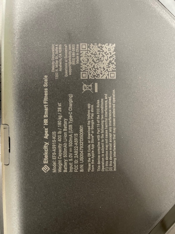 Photo 1 of Etekcity Apex Smart WiFi Body Fat Scale, Digital Bluetooth Bathroom Scale for Body Weight, BMI, Heart Rate, Water Weight, with Pregnancy & Baby Mode, 400 lb

//unable to test battery is dead
