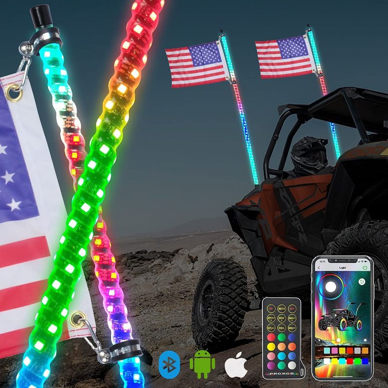 Photo 1 of 1- 4FT LED Whip Lights Bluetooth and Remote Control w/Flag Spiral RGB Chase Light Offroad 360°Spiraling Warning Lighted Antenna LED Dancing Whip
MISSING COMPONENTS 