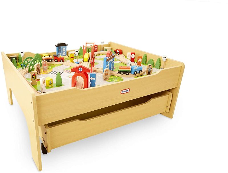 Photo 1 of Little Tikes Real Wooden Train and Kids Table Set with Over 80 Multicolor Pieces Activity Table with Storage, Tracks, Trains, Cars, and More - Train Set Table Playset for Boys and Girls 3+ Years