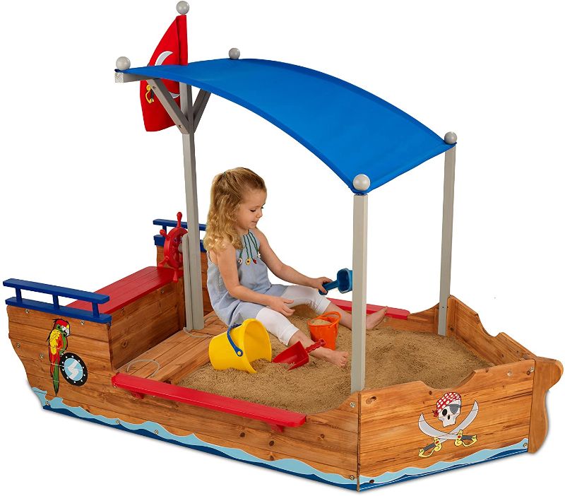 Photo 1 of KidKraft Wooden Pirate Sandbox with Canopy, Covered Children's Sandbox, Outdoor Furniture - Blue & Red, Gift for Ages 3-8
