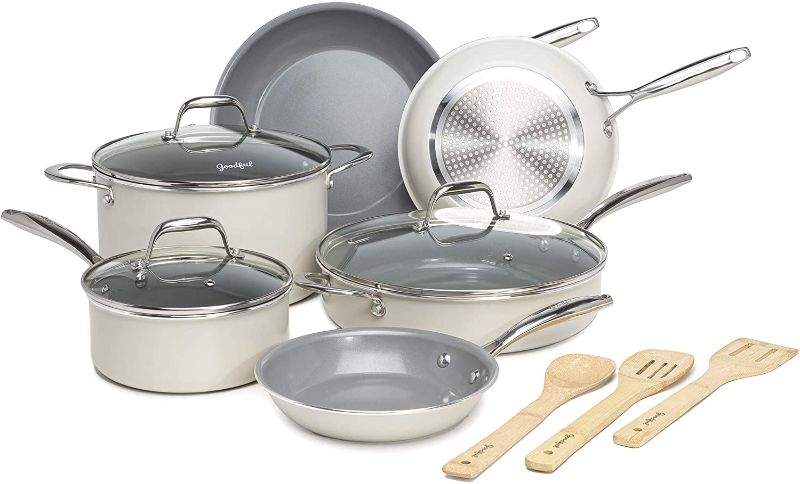 Photo 1 of Goodful 12 Piece Cookware Set with Titanium-Reinforced Premium Non-Stick Coating, Dishwasher Safe Pots and Pans, Tempered Glass Steam Vented Lids, Stainless Steel Handles, Cream
