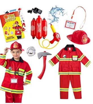 Photo 1 of Born Toys Firefighter Costume for Kids w/ Pants & Fireman Toys Includes Backpack Water Gun, Firefighter Hat, Toy Axe, 20 Page Activity Book-Dress Up & Pretend Play as Fireman Costume for Kids Ages 3-7