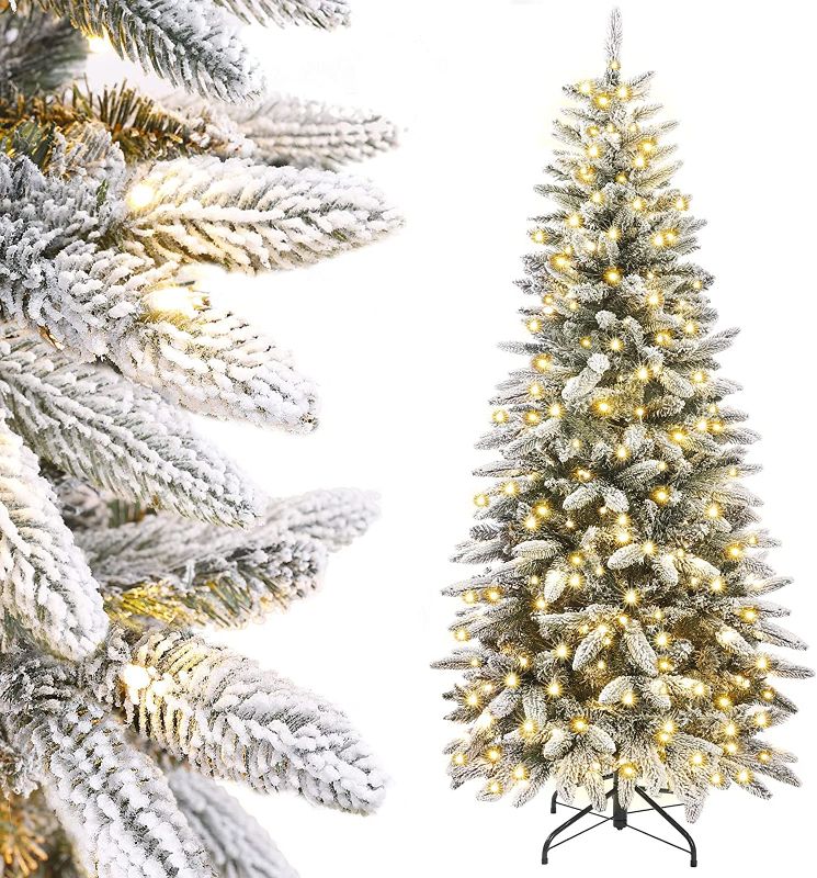 Photo 1 of Decoway 6ft Pre-Lit Artificial Pencil Christmas Tree with Flocked Snow Pre-Strung Lights Xmas Holiday Decoration for Home, Office, Party