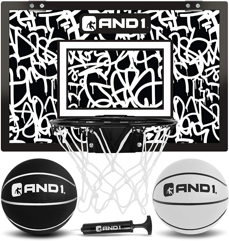 Photo 1 of AND1 Mini Basketball Hoop: 18”x12” Pre-Assembled Portable Over The Door with Flex Rim, Includes Two Deflated 5” Mini Basketball with Pump, For Indoor