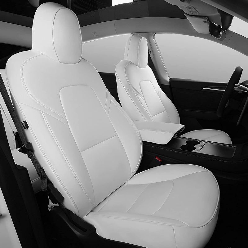 Photo 1 of powoq Fit Tesla Model Y Car Seat Cover PU Leather Cover All Season Protection for Tesla Model Y 2020 2021 Accessories (White, Fully Wrapped)