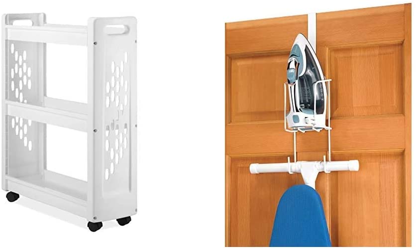 Photo 1 of Whitmor 3 Tier Rolling Laundry Cart - Space Saving Mobile Storage Solution & Wire Over The Door Ironing Caddy - Iron and Ironing Board Storage Organizer