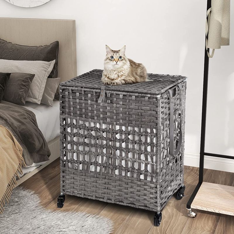 Photo 1 of WOWLIVE 110L Double Laundry Hamper with Lid, Large Rolling Laundry Basket with 4 Removable Liner Bags,Synthetic Rattan Handwoven Dirty Clothes Hamper Organizer,Foldable Hamper for Laundry 2 Section (Gray)