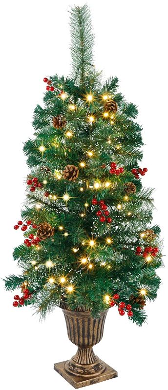 Photo 1 of Juegoal 3 FT Christmas Tree, Pre-Lit Crestwood Spruce Entrance Tree with 100 LEDs Fairy Lights, Pine Cones, Red Berries in Gold Urn Base for Front Door, Porch, Entryway Xmas Home Decorations, 1 Pack