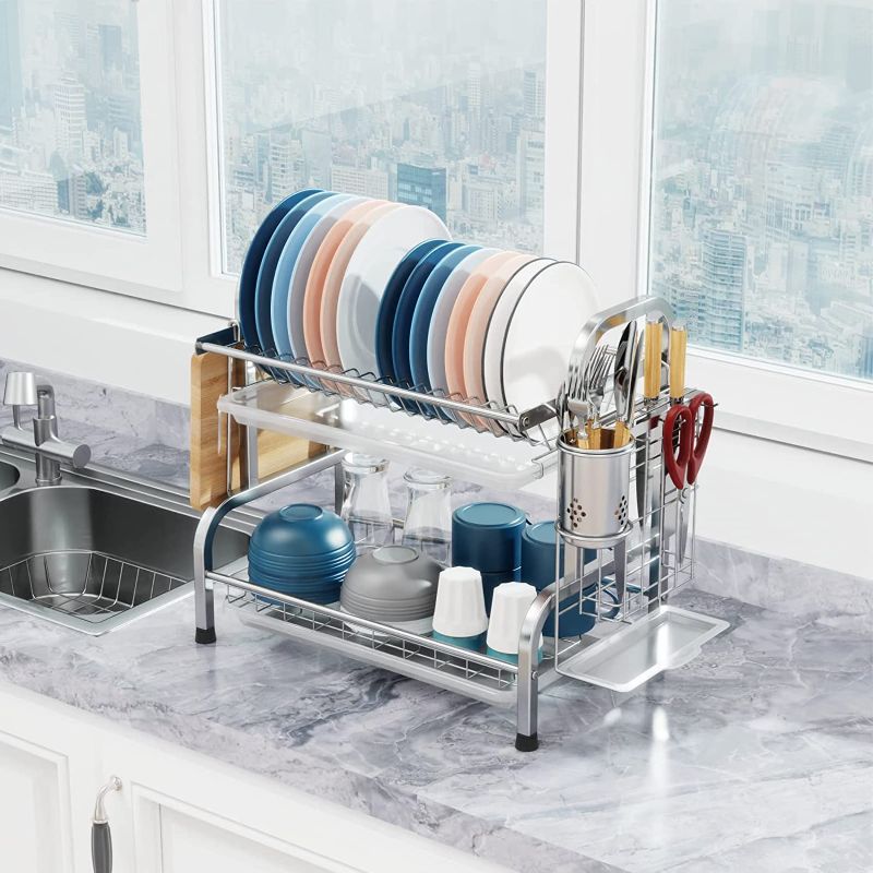 Photo 1 of Stainless Steel Dish Drying Rack - GSlife Rustproof 2 Tier Dish Rack for Kitchen Counter with 3 Drainboards, Tiered Dish Drainer with Utensils Holder,Cutting Board Holder, Silver