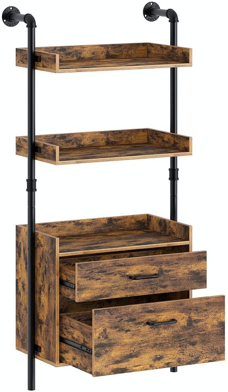 Photo 1 of Rolanstar Industrial Bookshelf with 2 Wood Drawers, Wall Mounted 3-Tier Bookcase with Stable Metal Frame, Display Storage Rack with Shelf for Living Room, 49.9” Retro Accent Furniture, Rustic Brown