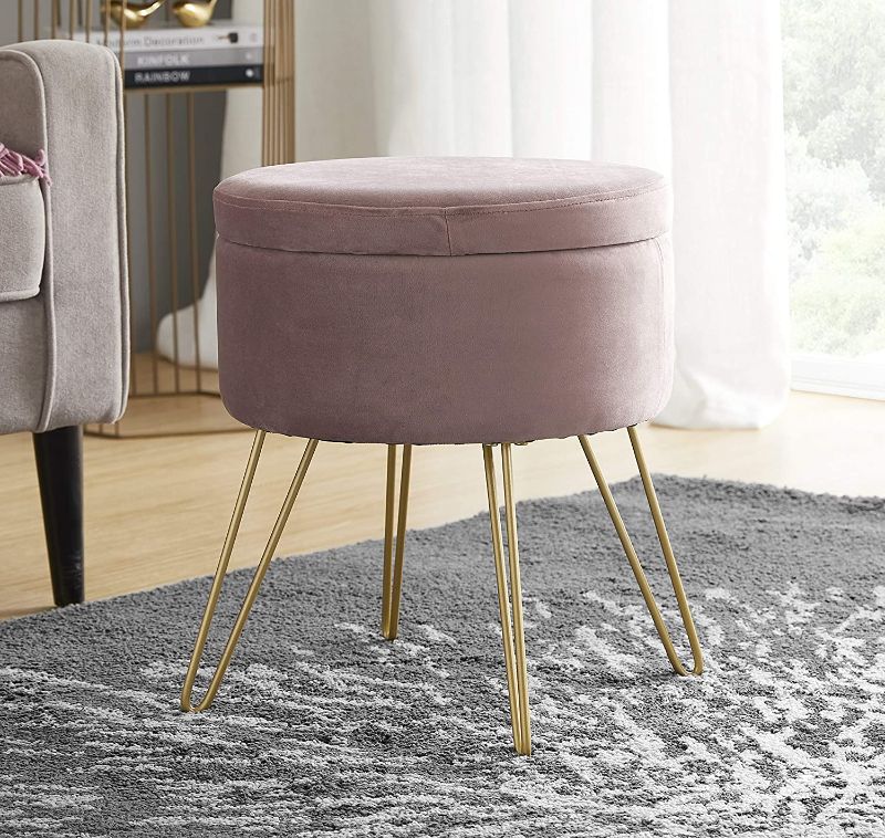 Photo 1 of  Round Velvet Storage Ottoman Foot Rest Vanity Stool/Seat with Gold Metal Legs & Tray Top Coffee Table - Blush
