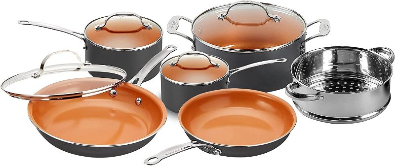 Photo 1 of Gotham Steel 10 Piece Pots and Pans Set with Ultra Nonstick Diamond Surface, Includes Frying Pans, Stock Pots, Saucepans & More, Stay Cool Handles, Oven Metal Utensil & Dishwasher Safe, 100% PFOA Free