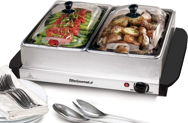 Photo 1 of Elite Gourmet EWM-6122 5 Quart Dual Buffet Server Food Warmer, Temperature Control, Clear Slotted Lids, Perfect for Parties, Entertaining & Holidays, 2 x 2.5Qt