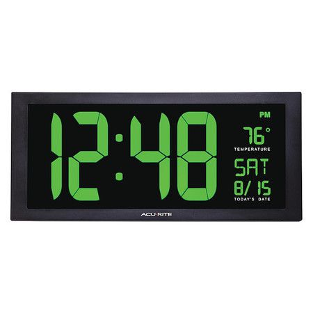 Photo 1 of ACURITE 76101M Jumbo Digit Calendar Clock W/ Indoor Temperature, 18", Green
