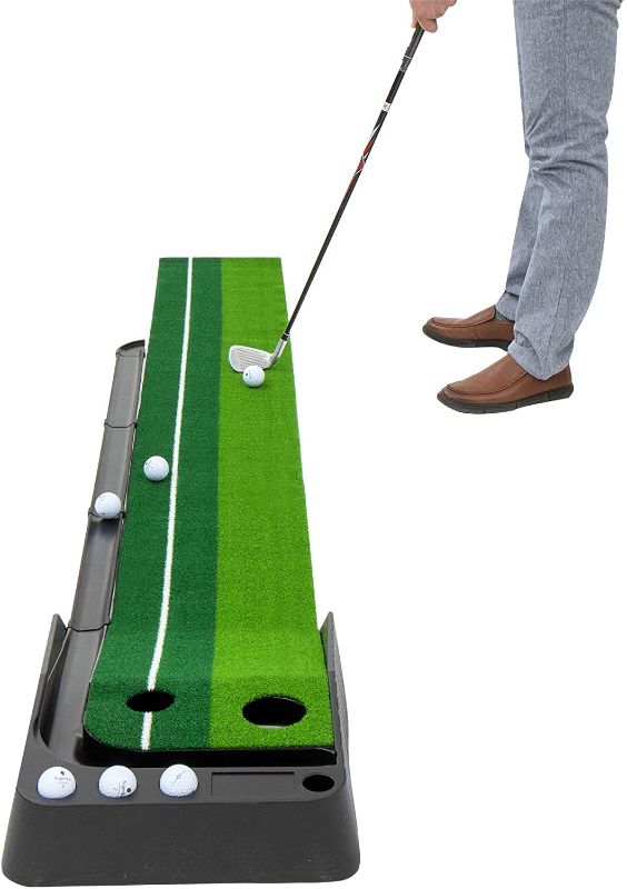 Photo 1 of Golf Indoor Putting Green – Mini Golf Practice Mat Putting Green with Ball Return Automatic, Portable Alignment Training Aid, Game and Gift for Home, Office, Outdoor Use with 6 Bonus Balls
