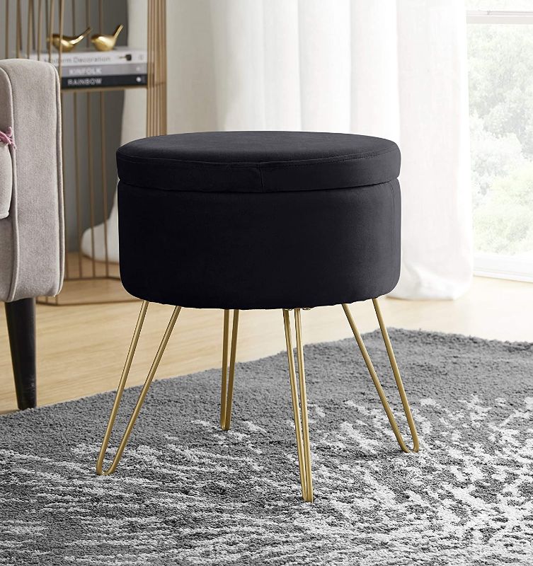 Photo 1 of Ornavo Home Modern Round Velvet Storage Ottoman Foot Rest Vanity Stool/Seat with Gold Metal Legs & Tray Top Coffee Table - Black
