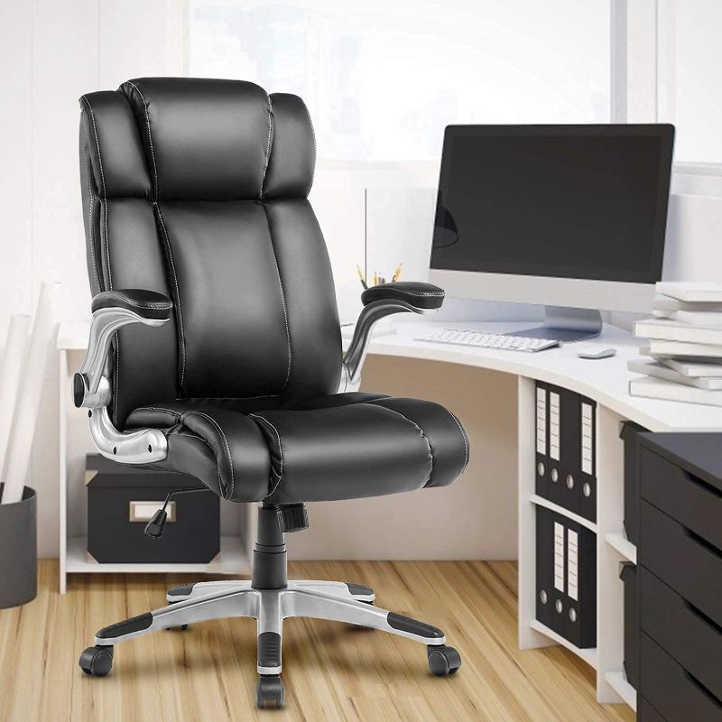 Photo 1 of Executive Office Desk Chair with Flip-up Armrests, Executive Chair PU Leather Swivel Task Chair with Lumbar Support, Adjustable Height/Tilt, 360-Degree Swivel, 300Lb Weight Capacity
