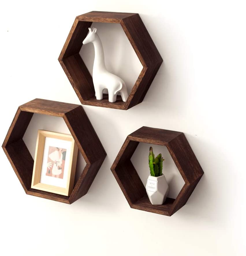 Photo 1 of *****MISSING COMPONENTS**** AZL1 Life Concept Rustic Wall Mounted Hexagonal Floating Shelves Set of 3 – Large, Medium and Small – Screws and Anchors Included - Farmhouse Shelves for Bedroom, Living Room and More, Rustic Brown
