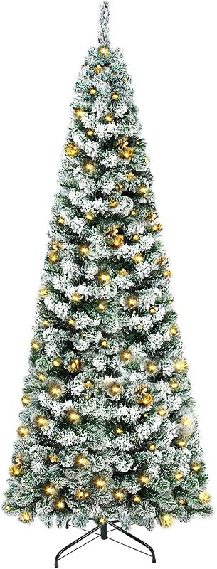 Photo 1 of *USED*
SUNYPLAY 6ft Snow Flocked Christmas Tree Prelit Artificial Pencil Christmas Tree with 200 Lights 490 Tips for Christmas Indoor and Outdoor Decor 
