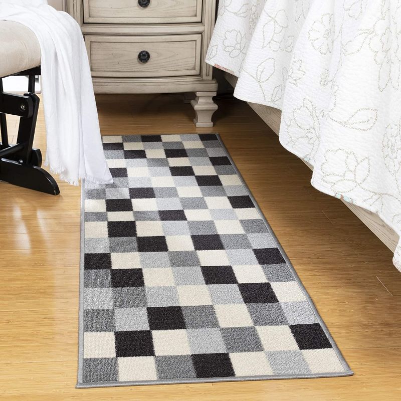 Photo 2 of **TWO RUG COMBO**
*Ottomanson Ottohome Checkered Rug, 20" x 59", Grey
*SUPERIOR Rockwood Modern Geometric Patchwork Polypropylene Indoor Area Rug with Jute Backing, 2' x 3', Chocolate

