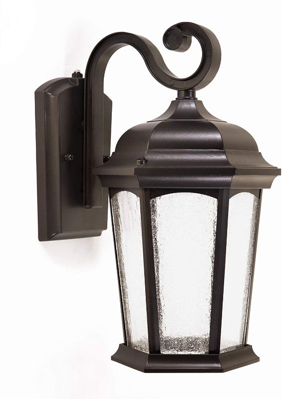 Photo 1 of  Outdoor LED Dusk to Dawn Lantern, Wet Location, Built in LED Gives 125W of Light from 12.5W of Power, 1200 Lumens, 3K, Durable Aluminum with Bronze Finish & Seeded Glass
