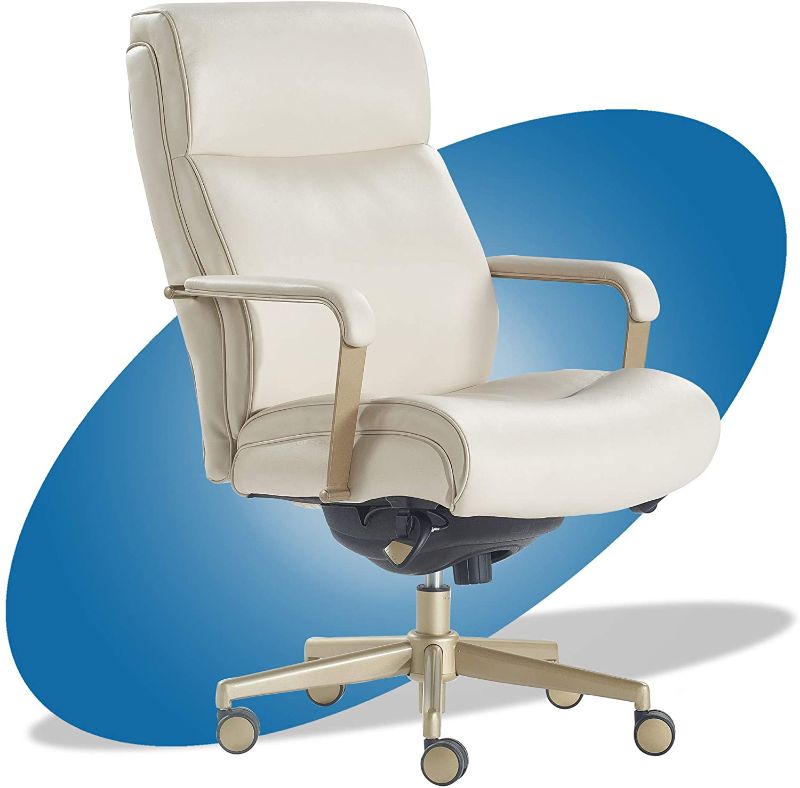 Photo 1 of La-Z-Boy Melrose Executive Office, Adjustable High Back Ergonomic Computer Chair with Lumbar Support, Brass Finish, Ivory White Bonded Leathe