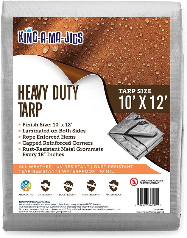 Photo 1 of 10x12 Heavy Duty Tarp, Waterproof Plastic Poly 10 Mil Thick Tarpaulin with Metal Grommets Every 18 Inches - Roof, Camping, Outdoor, Patio. Rain or Sun (Reversible, Silver and Brown) (10 x 12 Foot)