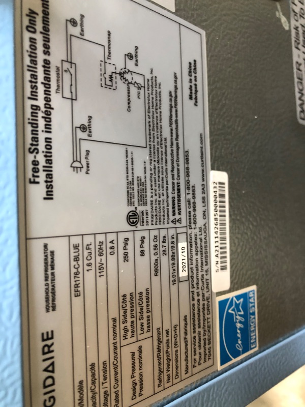 Photo 1 of Frigidaire EFR176-BLUE 1.6 cu ft Blue Retro Fridge with Side Bottle Opener. for The Office, Dorm Room or Cabin