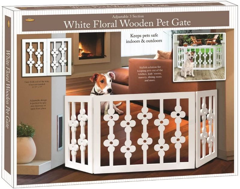 Photo 1 of Etna White Floral Wooden Pet Gate - Freestanding Foldable Adjustable 3-Section Dog Gate. Extra Wide, Keeps Pets Safe Indoors/Outdoors - Fully Assembled