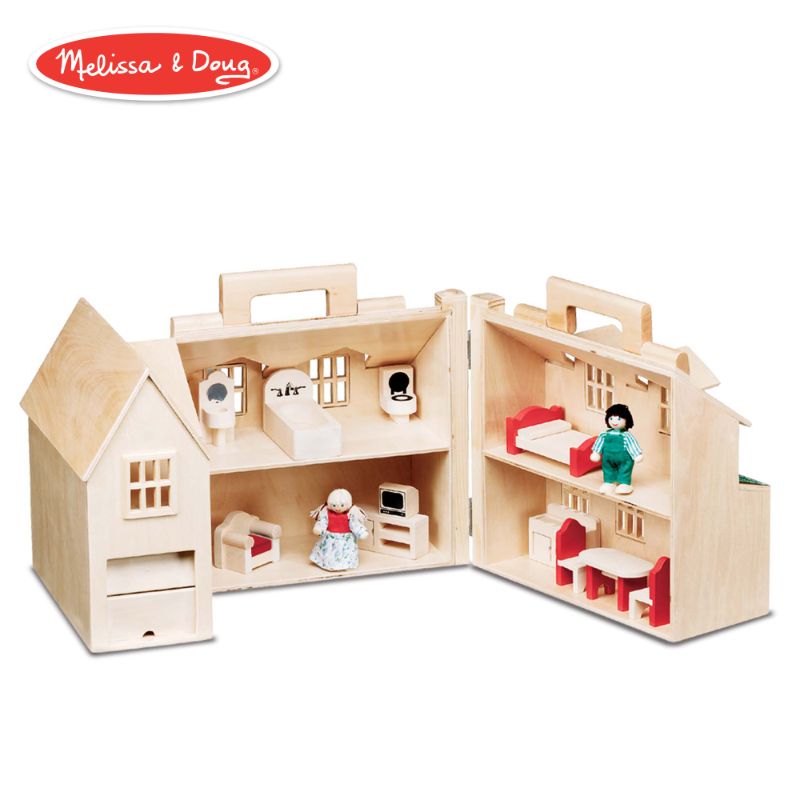 Photo 1 of Melissa & Doug Fold & Go Wooden Dollhouse with 2 Play Figures and 11 Pieces of Furniture
