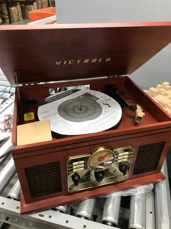 Photo 2 of Victrola Nostalgic 7-in-1 Bluetooth Record Player & Multimedia Center with Built-in Speakers - 3-Speed Turntable, CD & Cassette Player, AM/FM Radio, USB | Wireless Music Streaming | Mahogany
