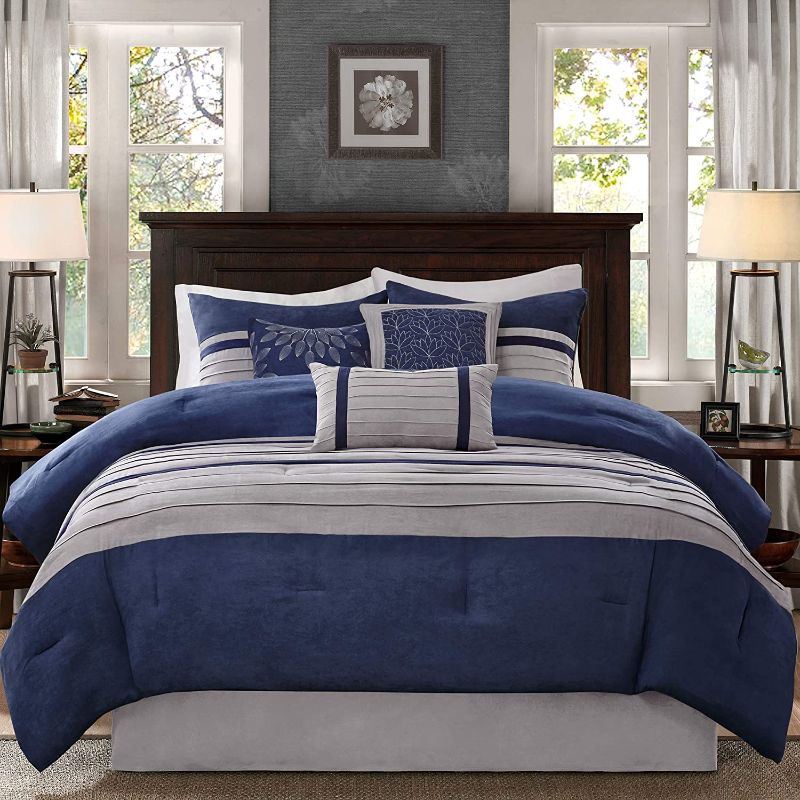 Photo 1 of ***MISSING PIECES**Madison Park - Palmer 7 Piece Comforter Set - Navy Blue and Gray - Queen - Pieced Microsuede - Includes 1 Comforter, 3 Decorative Pillows, 1 Bed Skirt, 2 Shams
