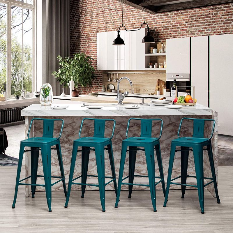 Photo 1 of 24" Metal Bar Stools Set of 4 Industrial Counter Height Stools with Backs Indoor Outdoor Barstools (24" Seat Height Low Back, Distressed Teal)