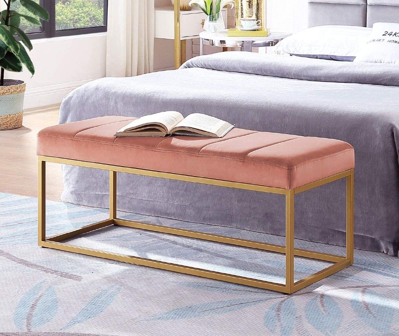 Photo 1 of 24KF Blush Velvet Upholstered Tufted Channel Bench, Velvet Cushion with Golden Metal Frame -Blush/Golden