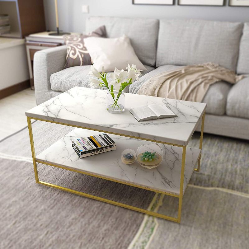 Photo 1 of Roomfitters White Marble Print Coffee Table with Gold Metal Legs, 2 Tier Living Room Table