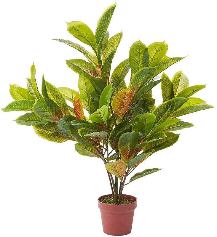 Photo 1 of Home Faux Plant – Realistic Croton Natural and Lifelike Imitation Greenery with Weighted Pot for Indoor Office Décor by Pure Garden (36”), Green