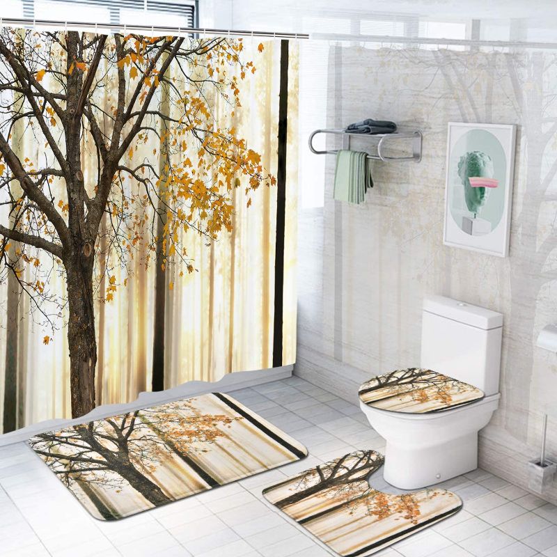 Photo 1 of Alishomtll 4 Pcs Orange Leaf Shower Curtain Set with Non-Slip Rug, Toilet Lid Cover, Bath Mat and 12 Hooks, Autumn Tree Waterproof Shower Curtain Sets for Bathroom
