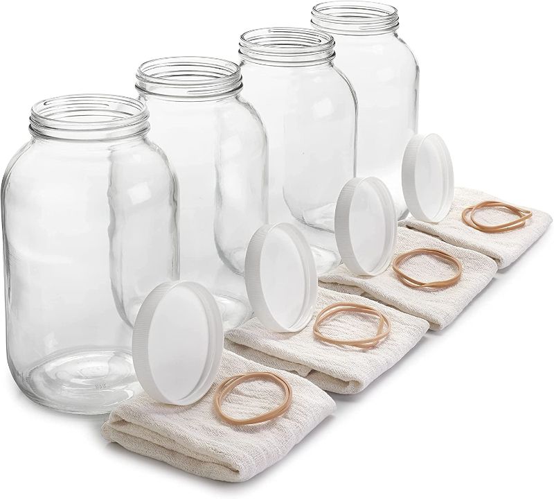 Photo 1 of Wide Mouth 1 Gallon Glass Jar with Lid - Glass Gallon Jar for Kombucha & Sun Tea - Gallon Mason Jars are Large Glass Jars with Lids 1 Gallon for Food Storage - 4 Pack Large Jars with Airtight Plastic Lids
