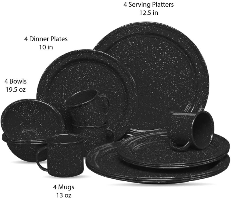Photo 1 of **FULL SET NEW**
Cinsa 16 Piece. Enameled Dinnerware Camping /Outdoor Set for 4 (Black) Includes Plates, bowls and cups. Lightweight, heat resistant, easy to clean,diswasher safe.
