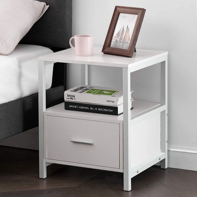 Photo 1 of **PREVIOUS OWNER HAD OPENED, UNKNOWN IF SOME HARDWARE IS  MISSING**
VECELO Nightstand with Drawer and Open Shelf Modern Square End Side Table for Storage in Bedroom, Living Room, Small Space, Stable Metal Frame, 1 Pack, White
