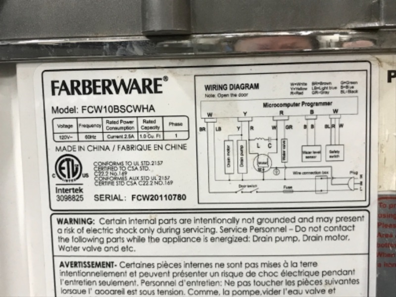 Photo 5 of ***NON-FUNCTIONAL*** PARTS ONLY Farberware Professional FCW10BSCWHA 1.0 Cu. Ft. Portable Clothes Washer with 7-lb Load Capacity, Silver & Chrome
