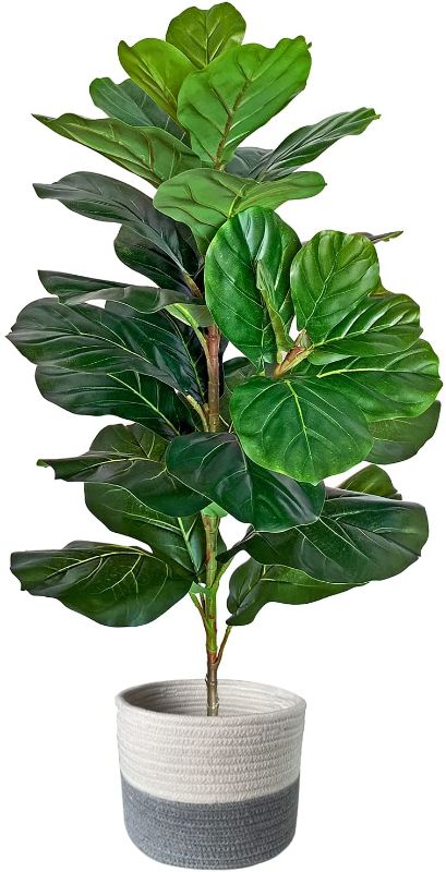 Photo 1 of BESAMENATURE 40 Inch Artificial Fiddle Leaf Fig Tree/Faux Ficus Lyrata for Home Office Decoration, with Cotton Rope Basket
