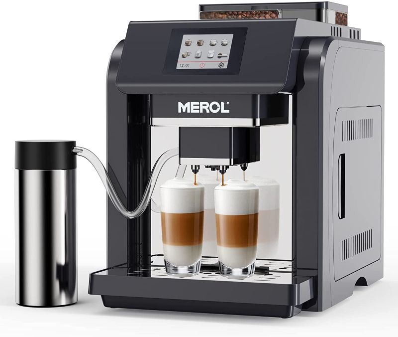 Photo 1 of parts only touch screen is damaged and cannot program
MEROL Automatic Espresso Coffee Machine, Programmable 19-Bar Pressure Pump Coffee Maker, Burr Grinder, with Milk Frother for Cafe Americano, Latte and Cappuccino Drinks, Black
