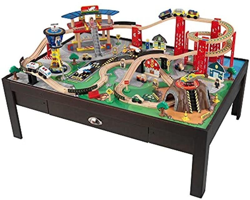 Photo 1 of ***STOCK PHOTOFOR REFERENCE, HARDWARE LOOSE IN BOX***   KidKraft Multi-Level Airport Express Espresso Train Set & Table, Multi-Colored Toy, Planes, Trains, Cars, Helicopters, Multiple Kids Play, Gift for Ages 3-8 46.25 x 32.5 x 15.5
