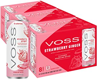 Photo 1 of **exp: oct, 6th 2022** VOSS Strawberry Ginger Flavored Sparkling Water – Unsweetened, Zero Calories, 355ml Cans (Pack of 24)
