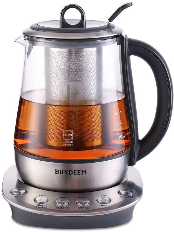 Photo 1 of BUYDEEM K2423 Tea Maker, Durable 316 Stainless Steel & German Schott Glass Electric Kettle, Removable Infuser, Auto Keep Warm, BPA Free, 1.2L
