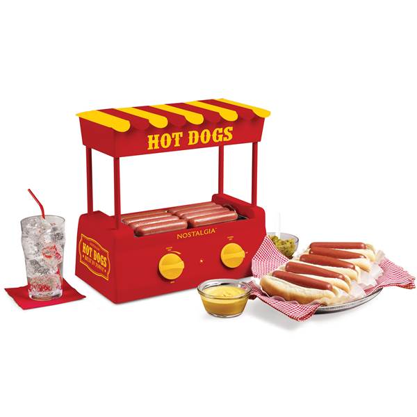 Photo 1 of Nostalgia HDR8RY Countertop Hot Dog Roller and Warmer, 8 Regular Sized or 4 Foot Long Hot Dogs and 6 Bun Capacity – Red/Yellow
